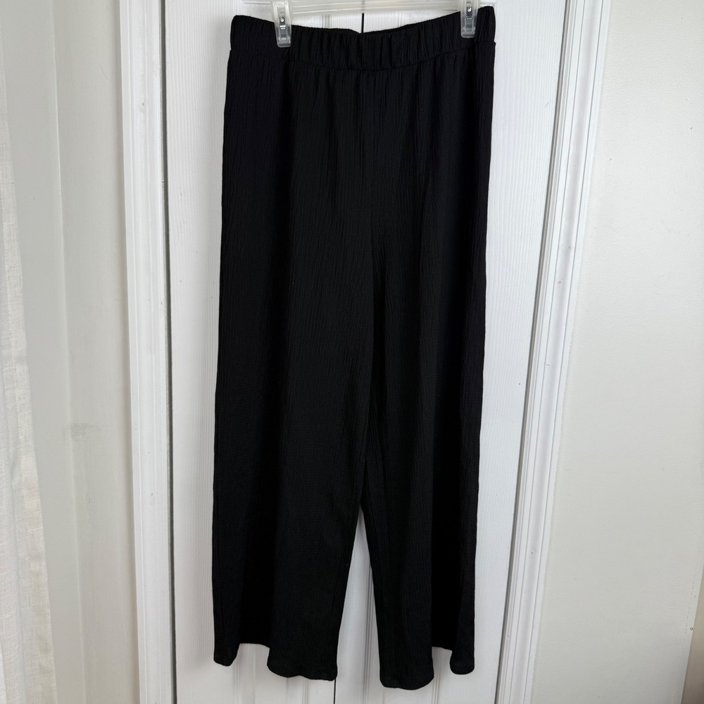 HM Black‎ Plisse Wide Leg Pants Textured High Waist Pull On Size Medium Whismi
